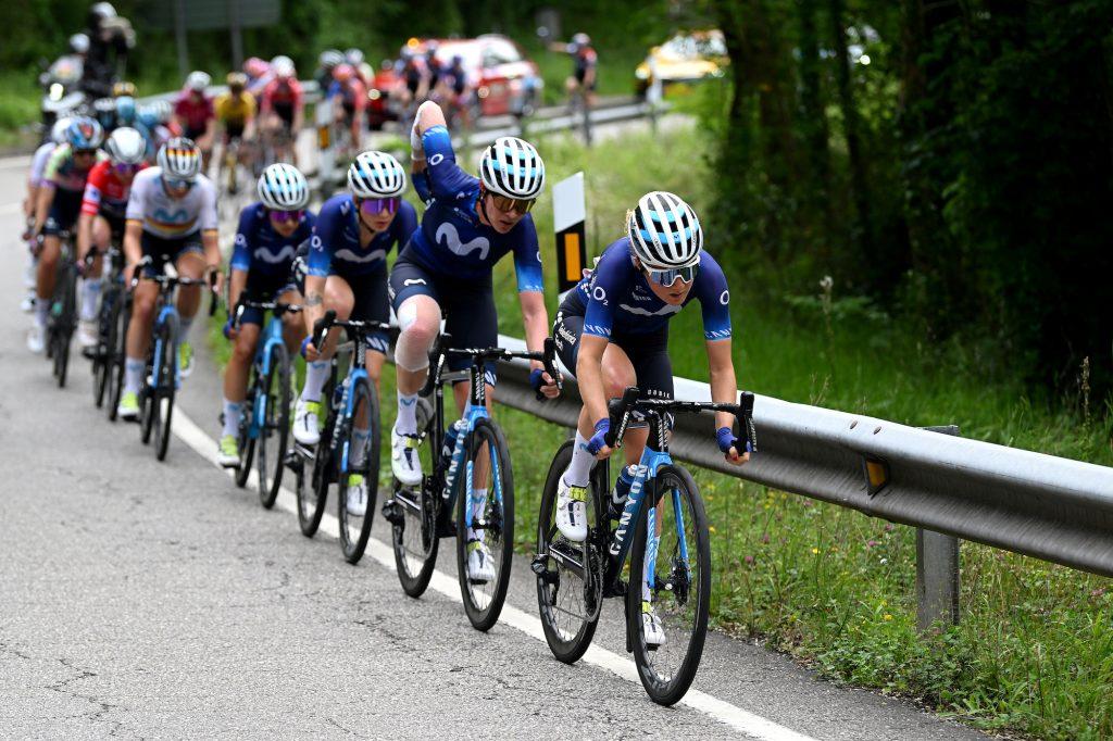 LAGOS DE COVADONGA, SPAIN - MAY 07: Floortje Mackaij of The Netherlands and Movistar Team leads the peloton during the 9th La Vuelta Femenina 2023, Stage 7 a 93.7km stage from Pola de Siero to Lagos de Covadonga 1079m / #UCIWWT / on May 07, 2023 in Lagos de Covadonga, Spain. (Photo by Dario Belingheri/Getty Images)