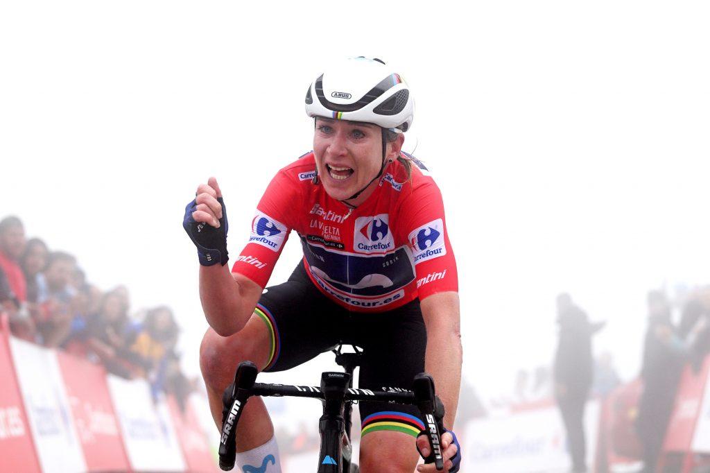 LAGOS DE COVADONGA, SPAIN - MAY 07: Annemiek Van Vleuten of The Netherlands and Movistar Team - Red Leader Jersey celebrates at finish line as race winner during the 9th La Vuelta Femenina 2023, Stage 7 a 93.7km stage from Pola de Siero to Lagos de Covadonga 1079m / #UCIWWT / on May 07, 2023 in Lagos de Covadonga, Spain. (Photo by Dario Belingheri/Getty Images)