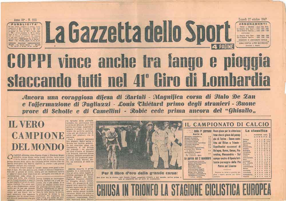 Portada de Gazzetta dello Sport  anunciando la victoria de Coppi en el Giro de Lomabrdía de 1947