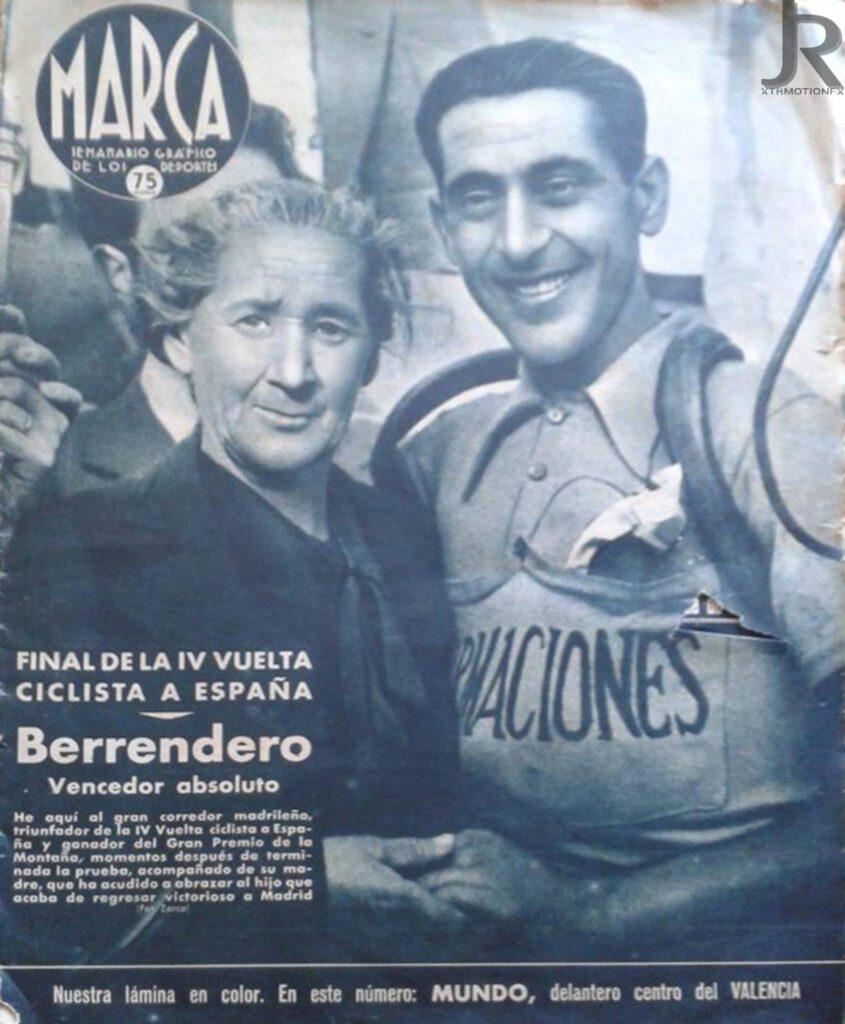 Portada del diario Marca de 1942, tras la victoria final de Julían Berrendero en la Vuelta a España, acompañado de su madre.